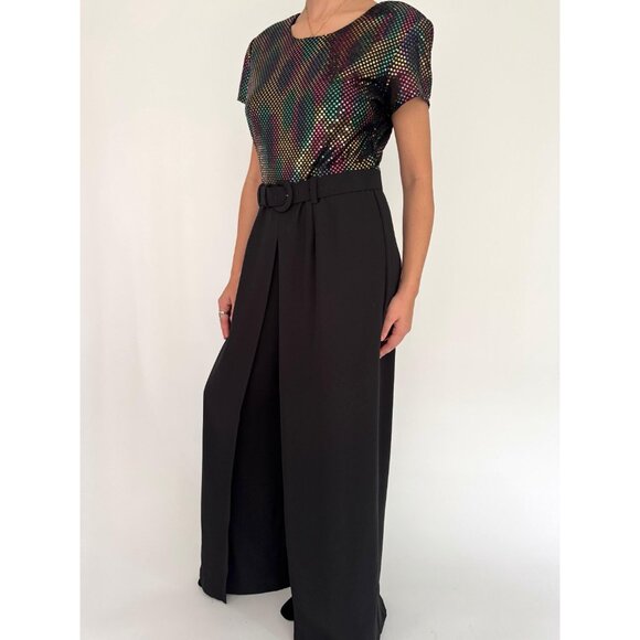 90s vintage black rainbow sequin dressy disco wide leg palazzo pant jumpsuit - Picture 3 of 10